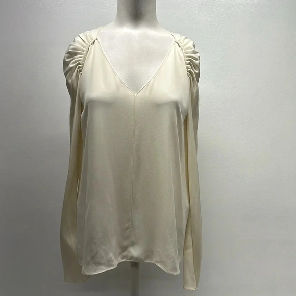 Theory Top Blouse Pure Silk Shirred Shoulder Long Sleeve Shirt Ivory Size Small - Picture 2 of 10
